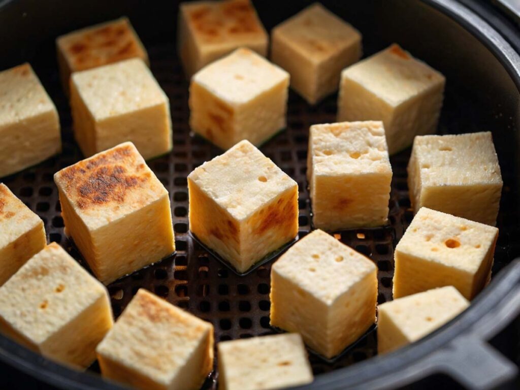Agedashi Tofu cubes in an air fryer basket