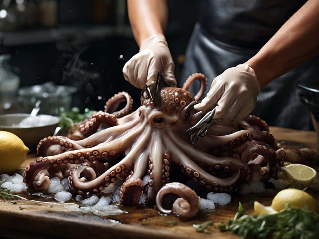 Cleaning the octopus under cold water using kitchen shears