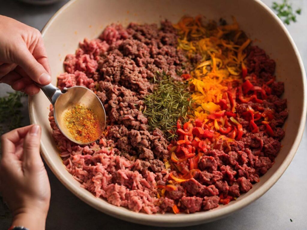 Ground beef is being seasoned in a bowl