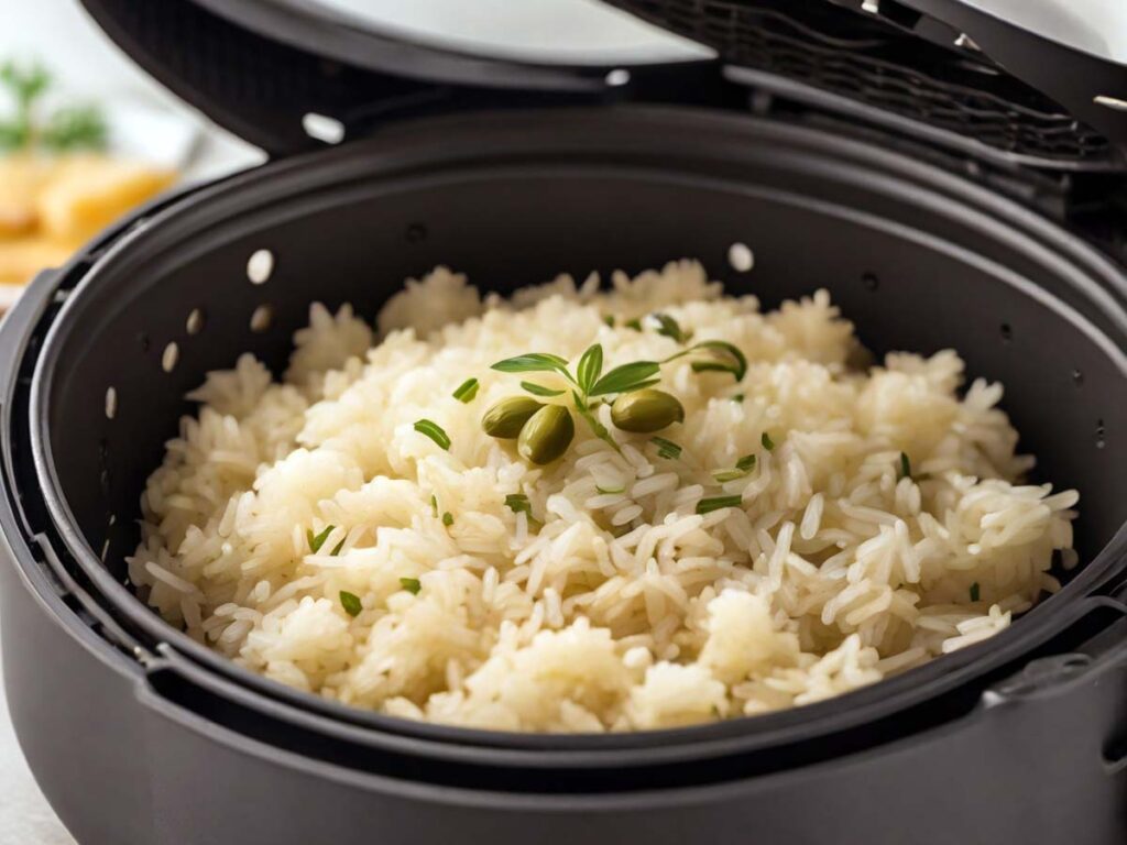 Rice in Air Fryer Basket Ready to Cook
