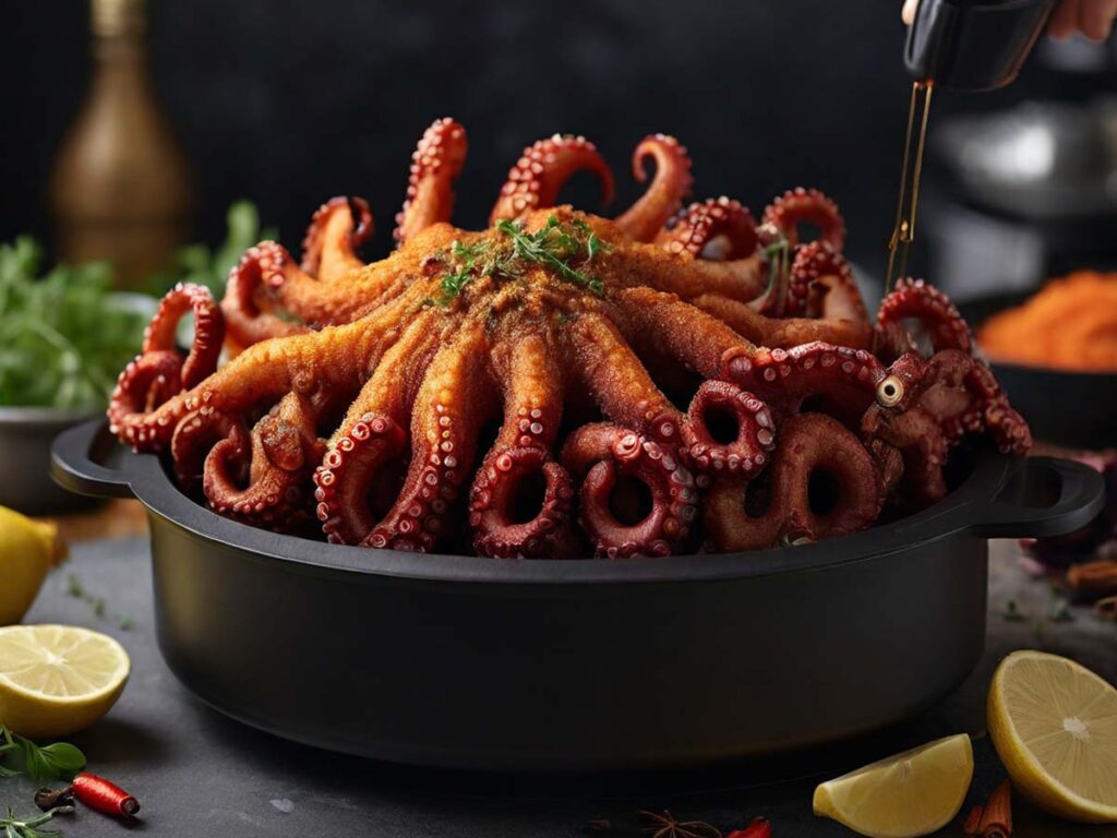 Seasoned Octopus in an Air Fryer Basket
