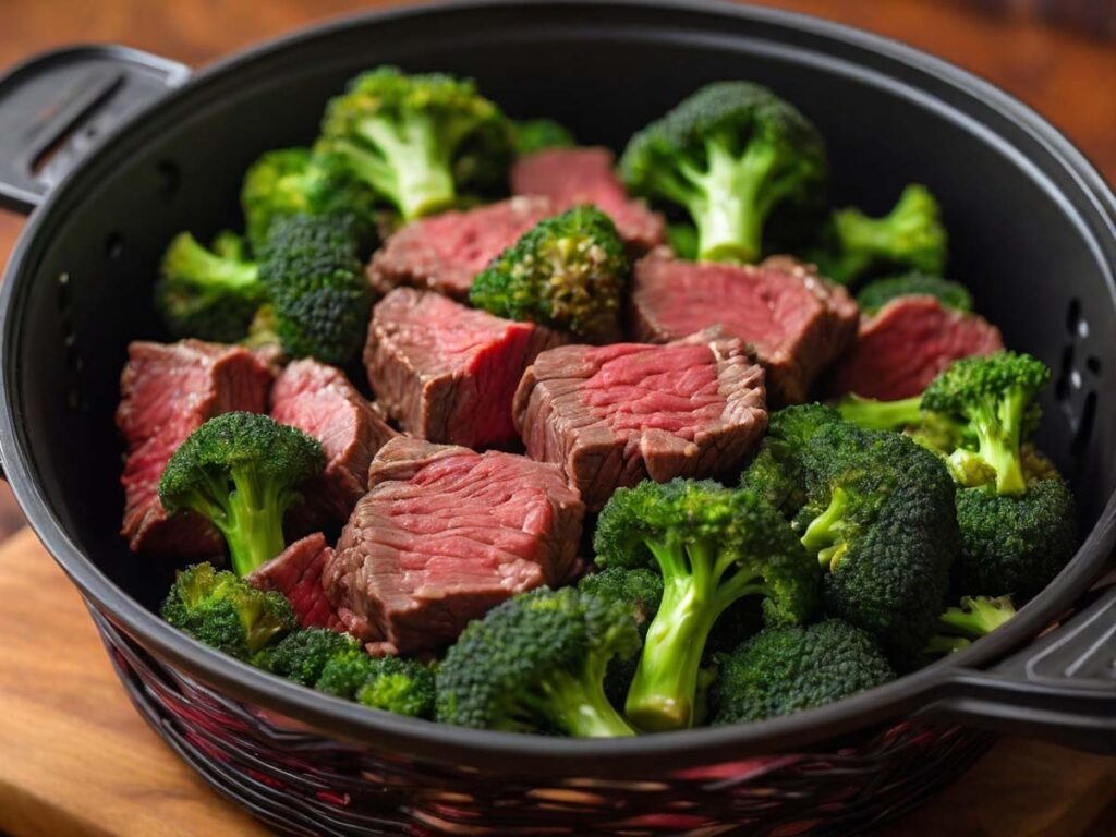 Trader Joe's Beef and Broccoli in an air fryer basket