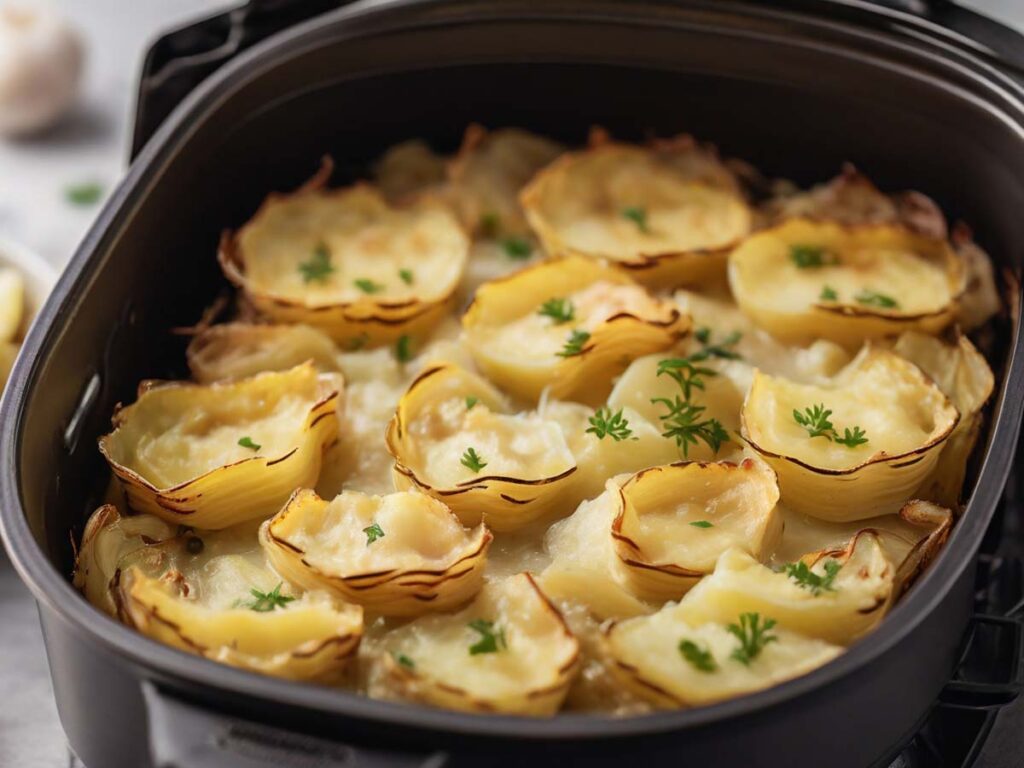 Air fryer setup with scalloped potatoes dish ready to cook