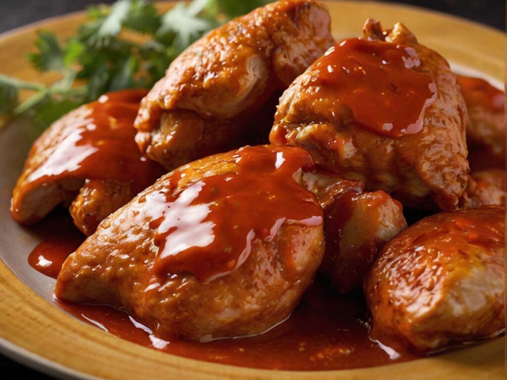 Cooked chicken breast tossed in buffalo sauce