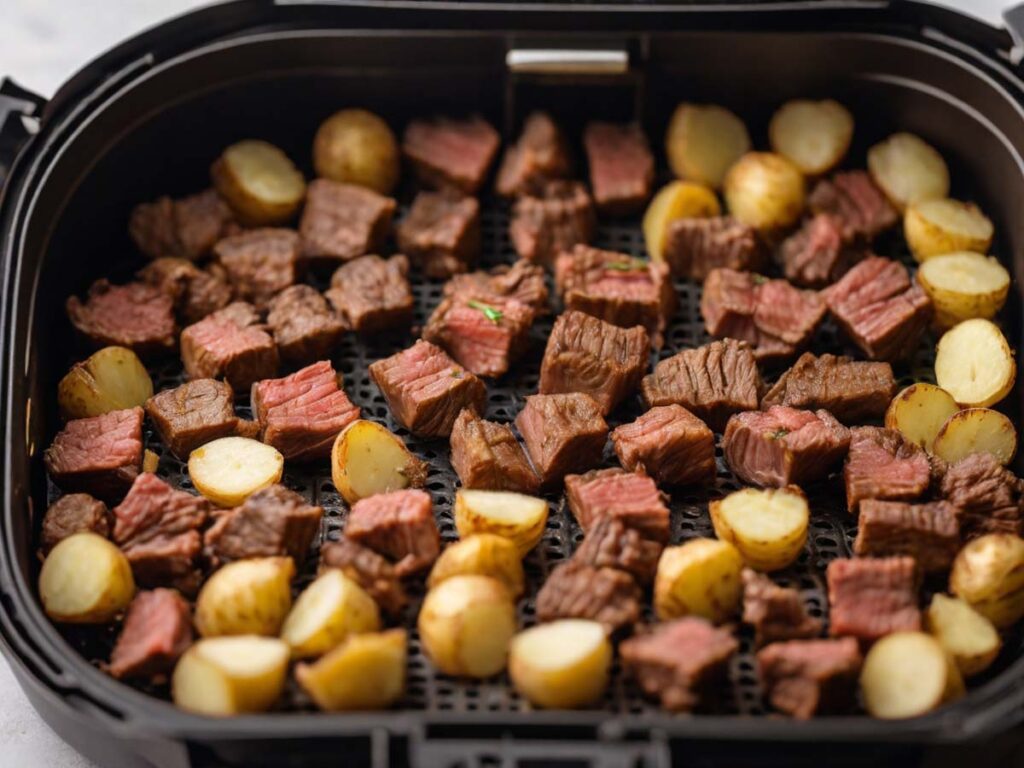 Cooking Steak Bites and Potatoes in Air Fryer Process
