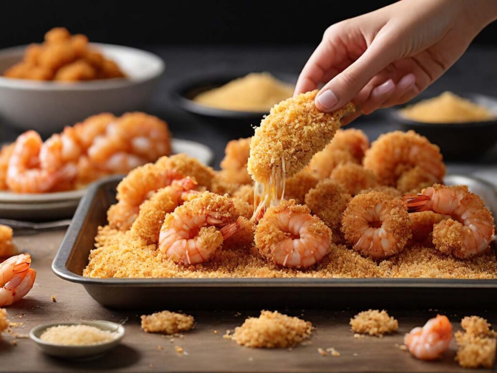 The egg-dipped shrimp being covered in panko breadcrumbs