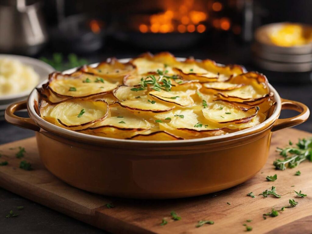 Finished air fryer scalloped potatoes with golden brown
