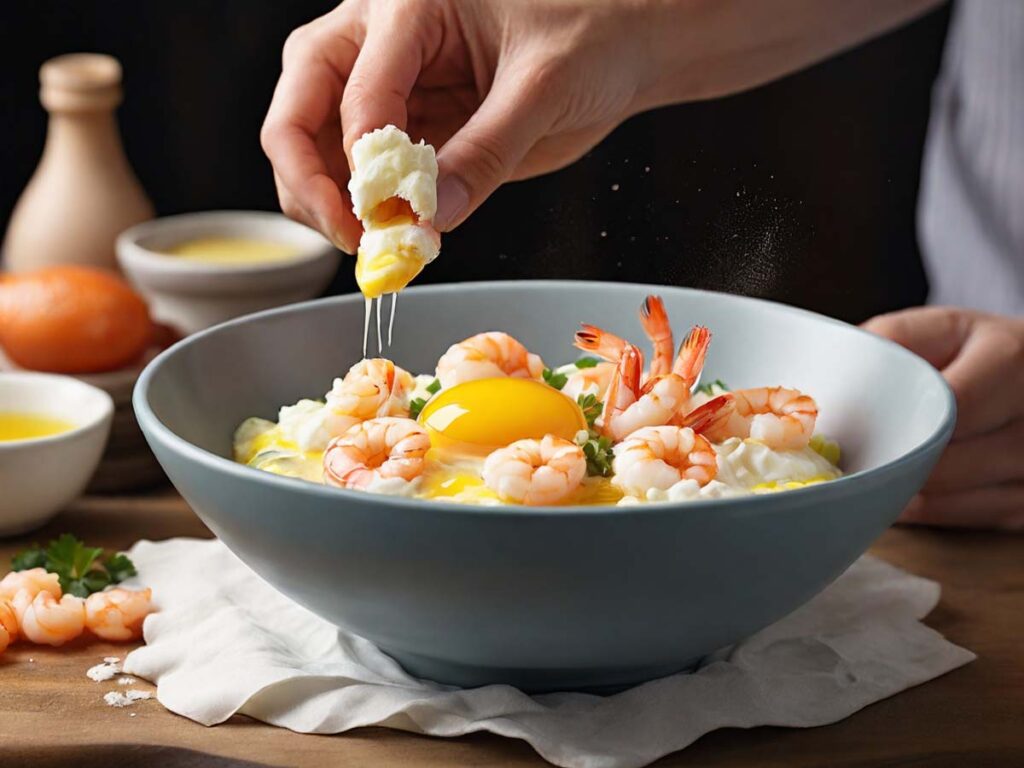 The flour-coated shrimp being dipped into a bowl of beaten eggs.