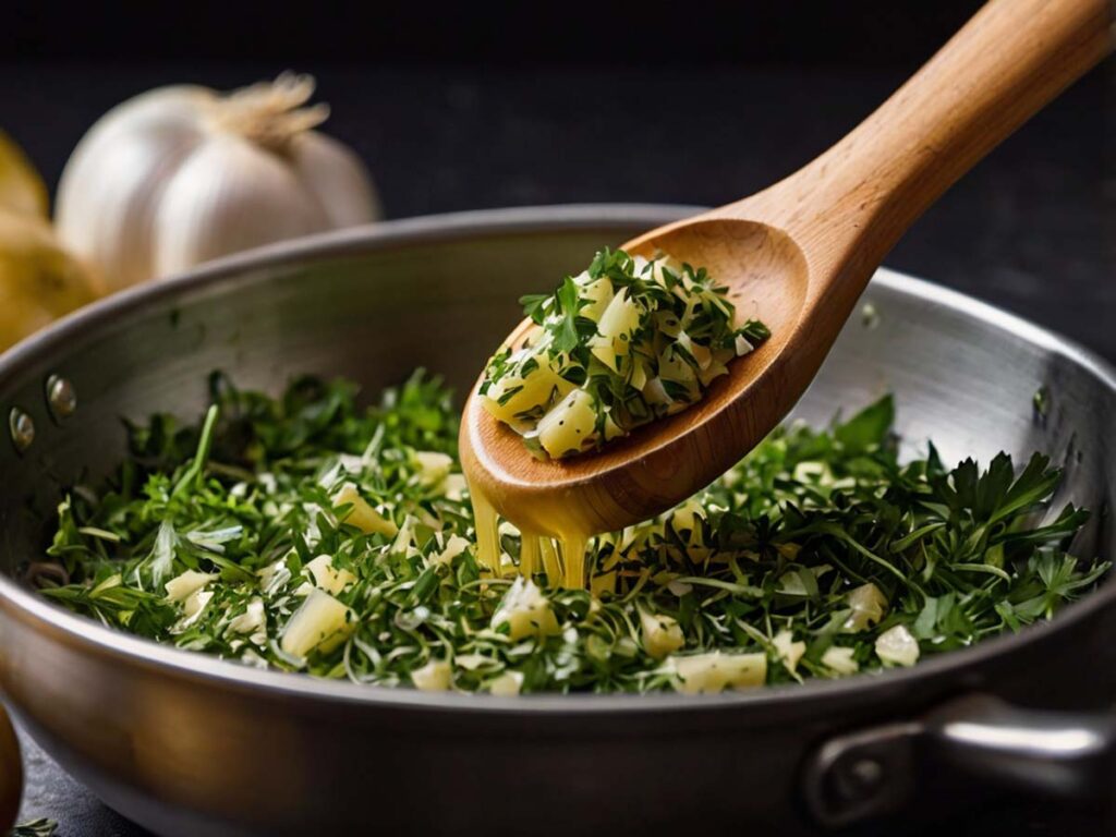 Stirring Fresh Herbs into Garlic Butter Mixture