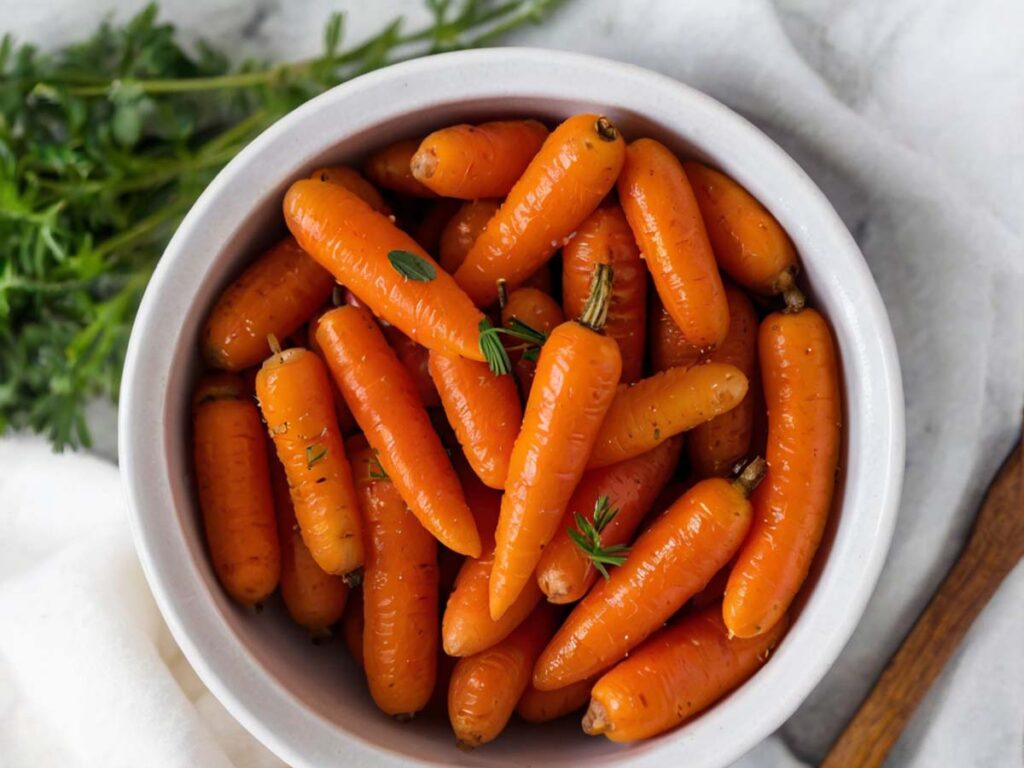Roasted Baby Carrots in a Ceramic Serving Bowl