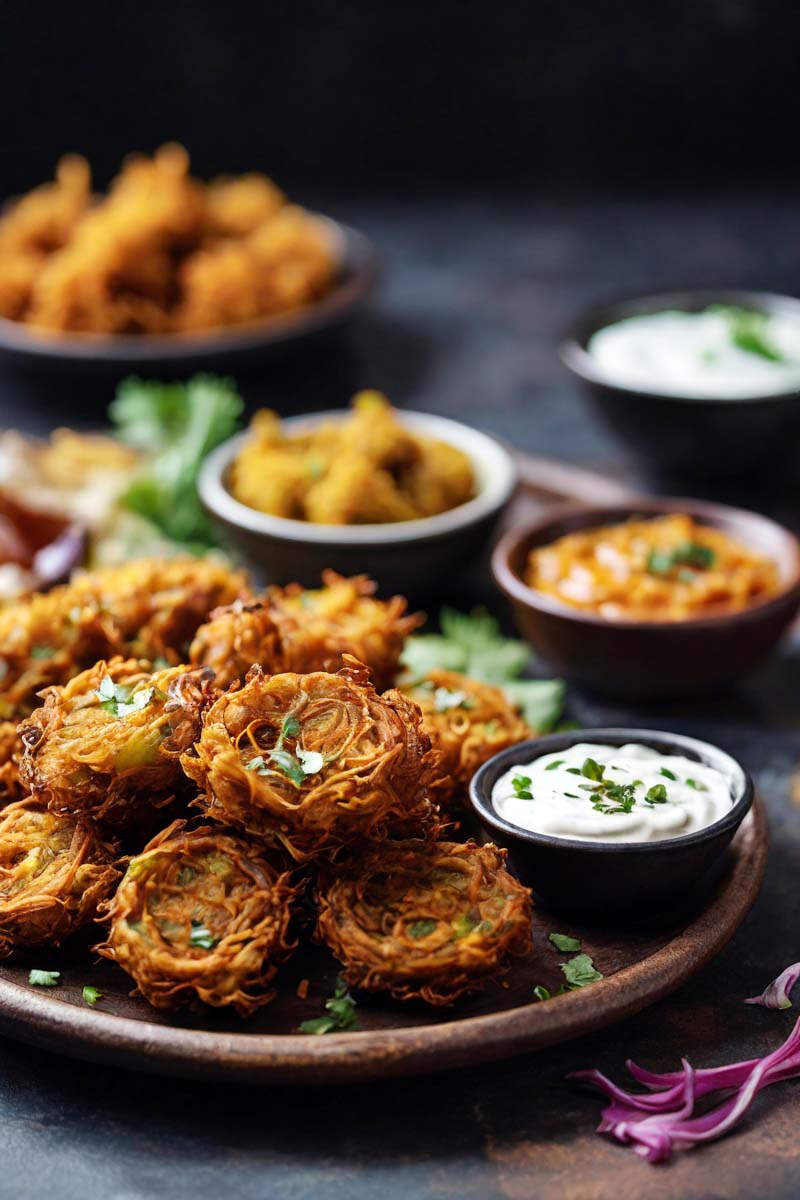 Served Crispy Air Fryer Onion Bhajis with Dipping Sauces