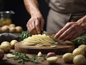 Slicing potatoes thinly for air fryer scalloped potatoes recipe
