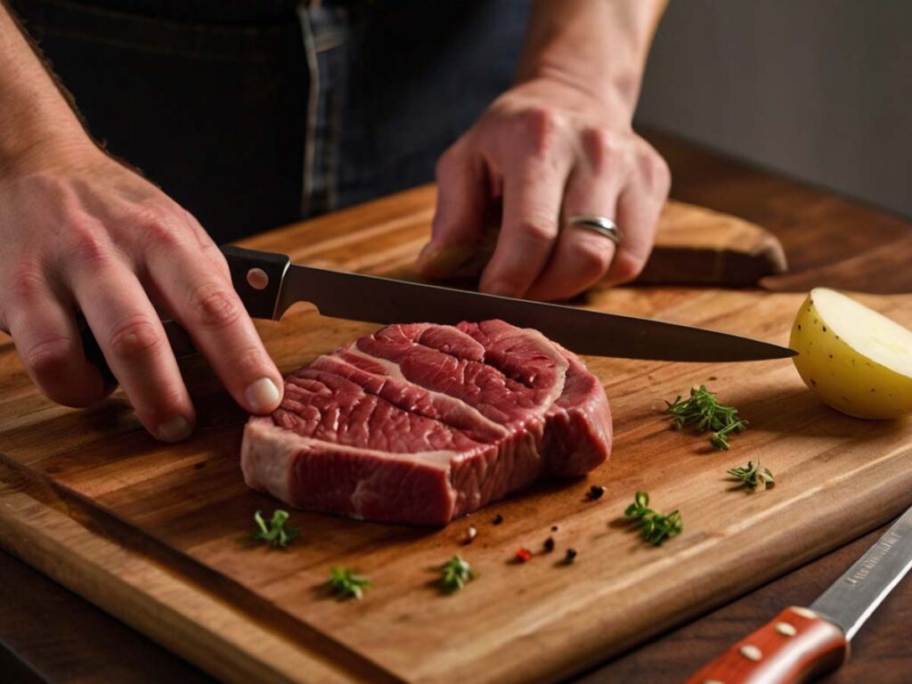 Cutting the steak into 1-inch cubes and the potatoes into similar-sized pieces on a wooden cutting board.