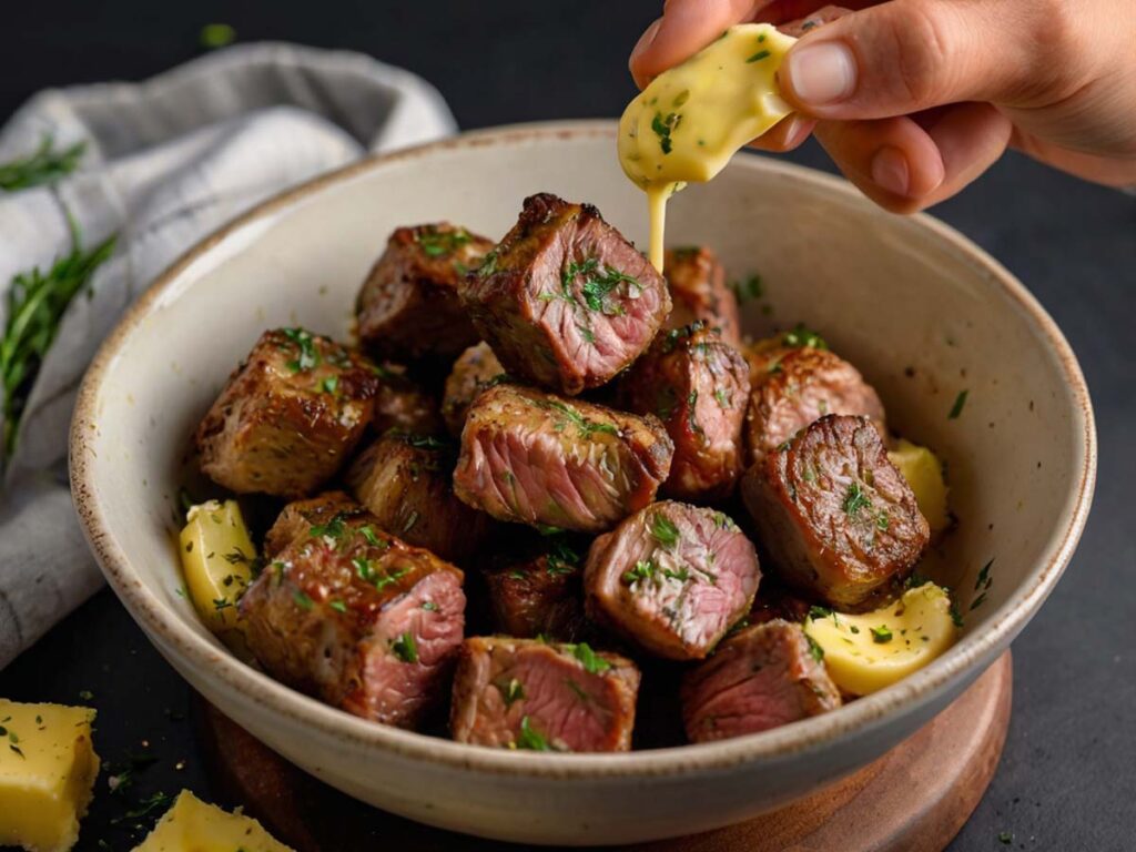 Tossing Cooked Steak Bites with Garlic Herb Butter for Serving