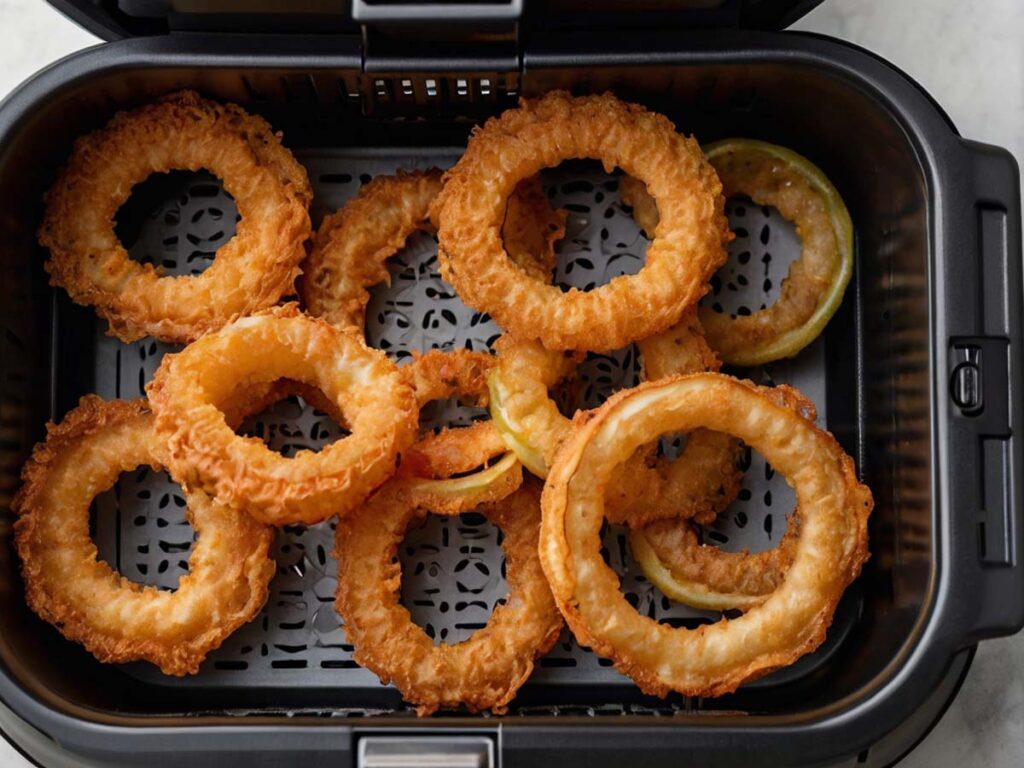 Air Fryer Basket Ready with Onion Rings