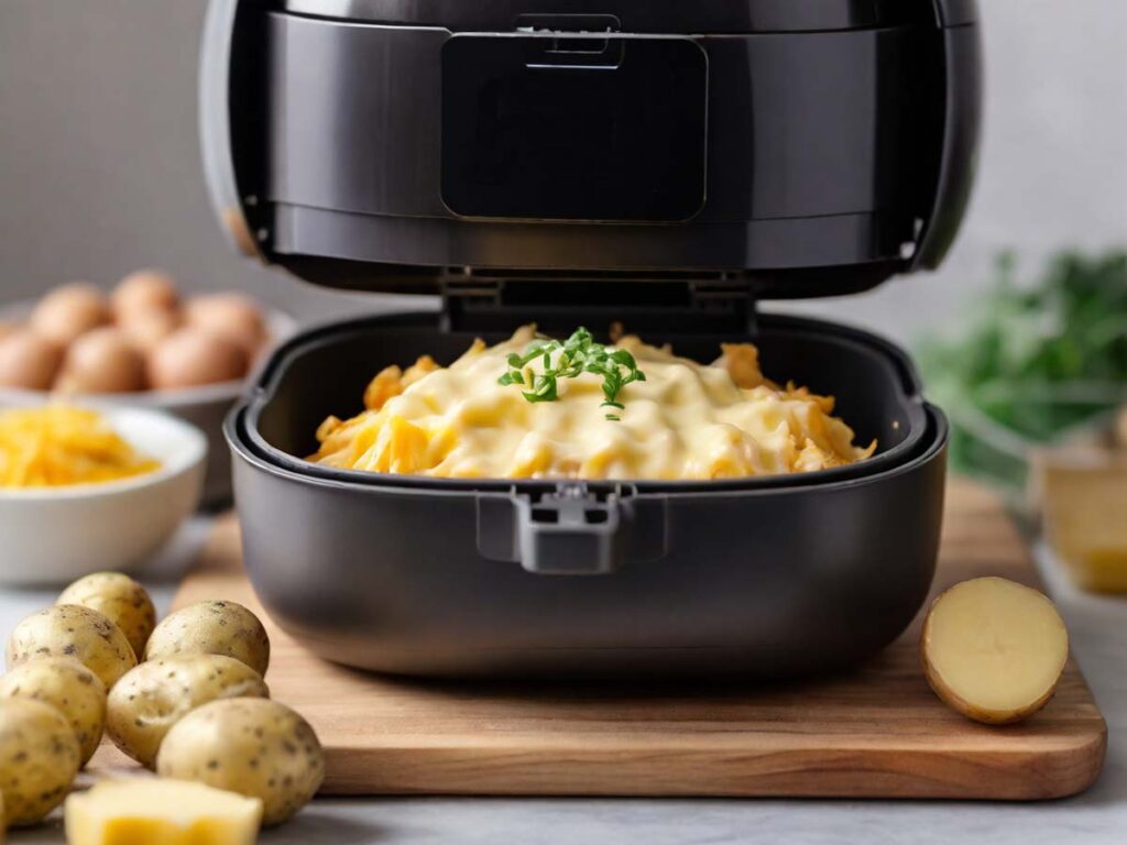 Air fryer cooking au gratin potatoes at 360 degrees