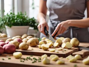 Chopping potatoes for air fryer Greek potatoes recipe