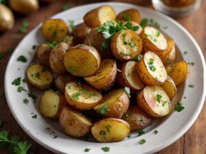 Final dish of crispy air fryer Greek potatoes garnished with parsley on serving plate