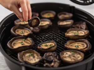 Arranging Portobello Mushrooms in Air Fryer Basket