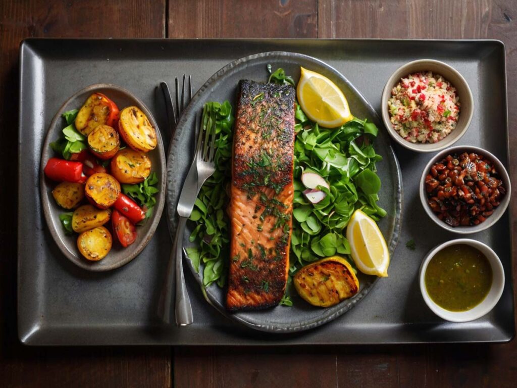Serving suggestion for blackened salmon with salad and quinoa