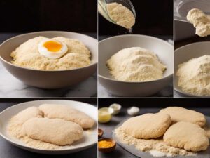 Setup for Breading Chicken Schnitzel with Flour, Eggs, and Breadcrumbs