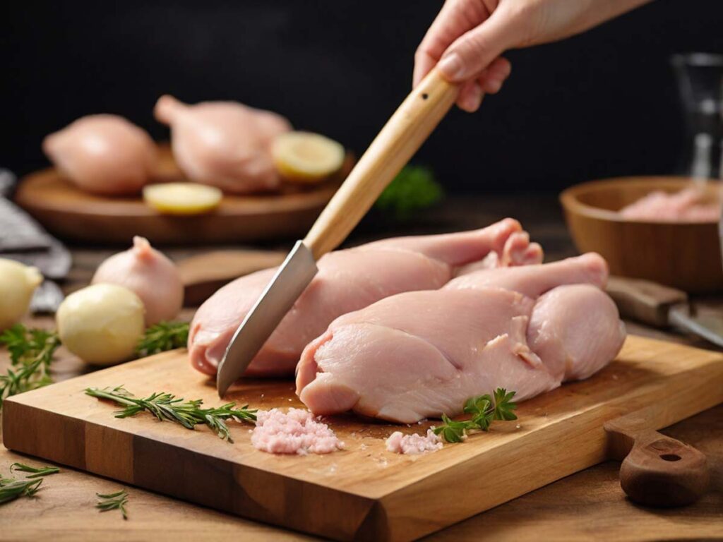 Preparing Chicken Breast for Schnitzel on Cutting Board