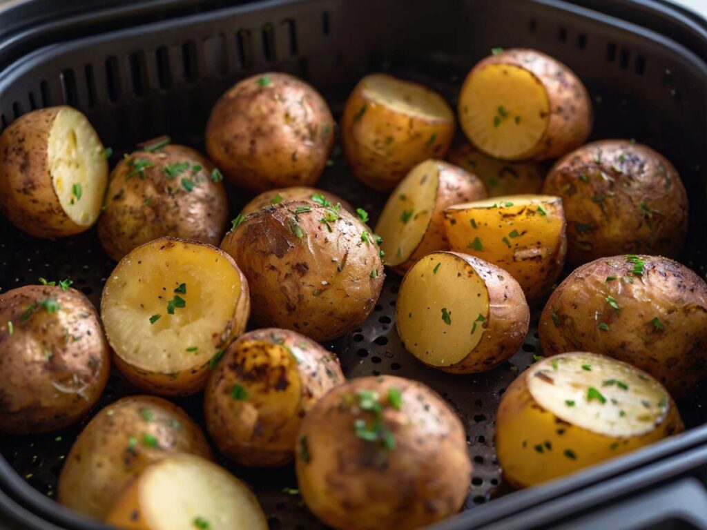 Greek potatoes being cooked in air fryer, showing halfway tossing