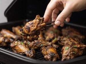 Flipping Jerk Chicken Wings for Even Cooking in Air Fryer