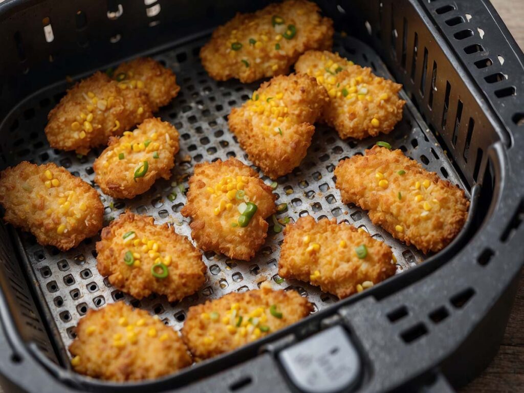 Formed corn nuggets arranged in the air fryer basket