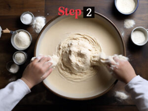 Mixing ingredients to form shaggy dough for pretzel bites