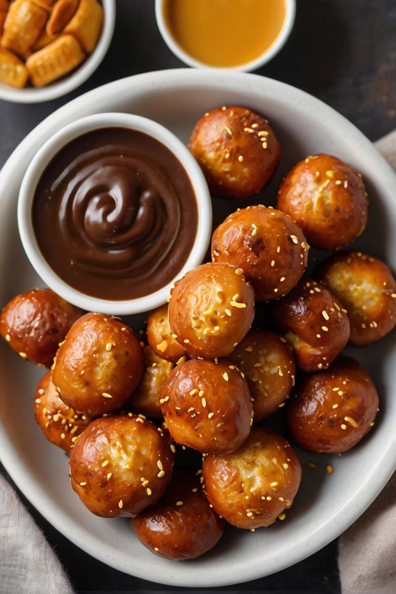 Golden-brown air fryer pretzel bites served with mustard, cheese, and chocolate dipping sauces