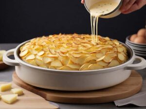 Layering potatoes and cheese sauce in air fryer dish