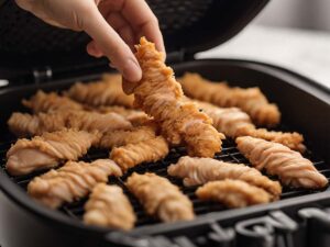 Arranging Frozen Chicken Strips in Air Fryer Basket for Even Cooking