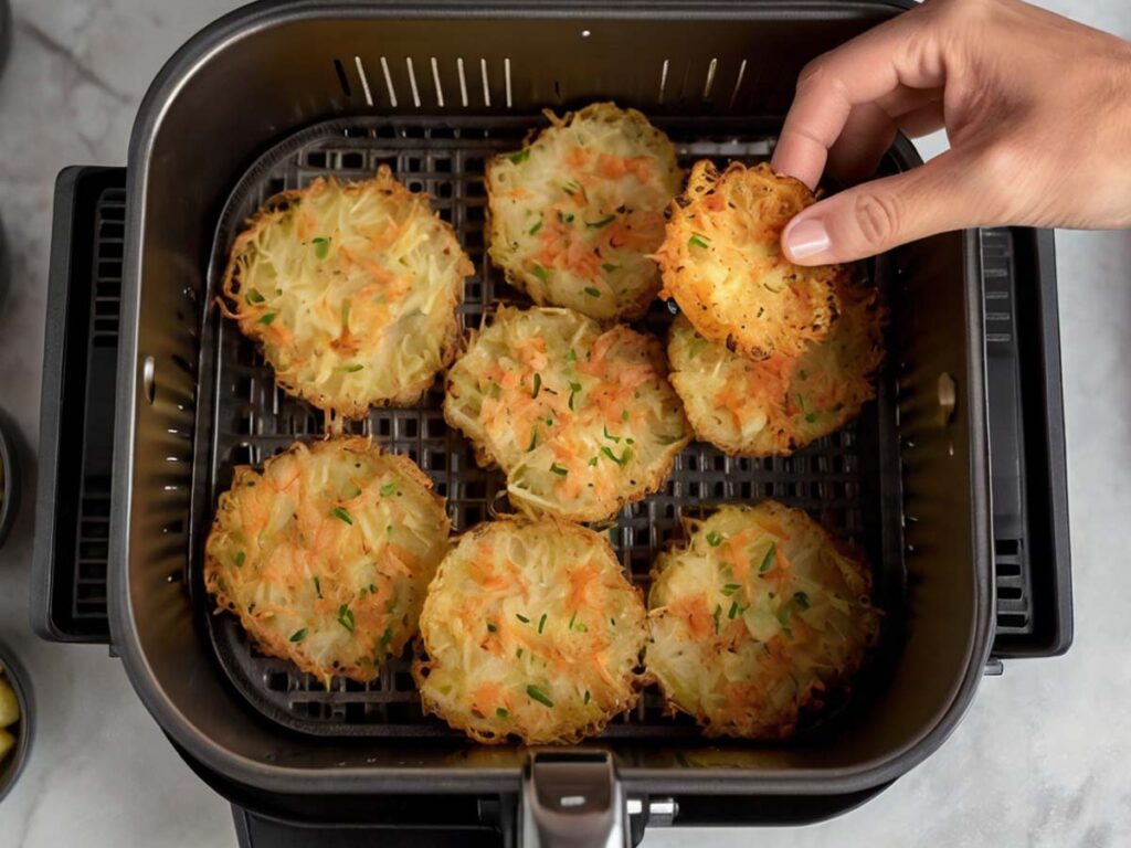 Placing Hash Browns in Air Fryer Basket for Cooking