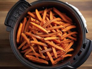 Arranging Frozen Sweet Potato Fries in Air Fryer Basket