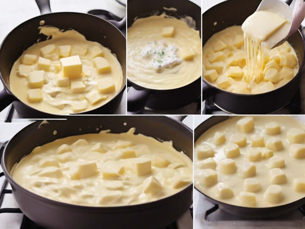 Preparing creamy cheese sauce for au gratin potatoes