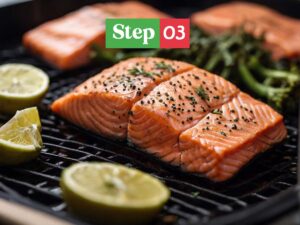 Salmon fillets cooking in an air fryer