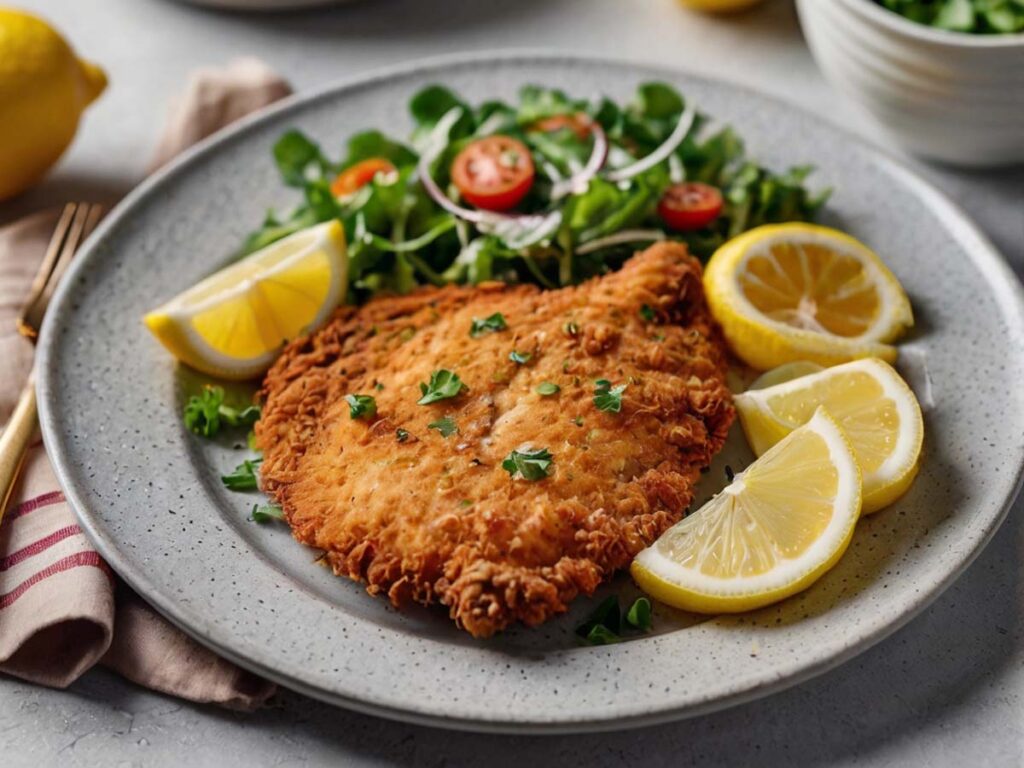 Air Fryer Chicken Schnitzel Served with Lemon Wedges and Salad