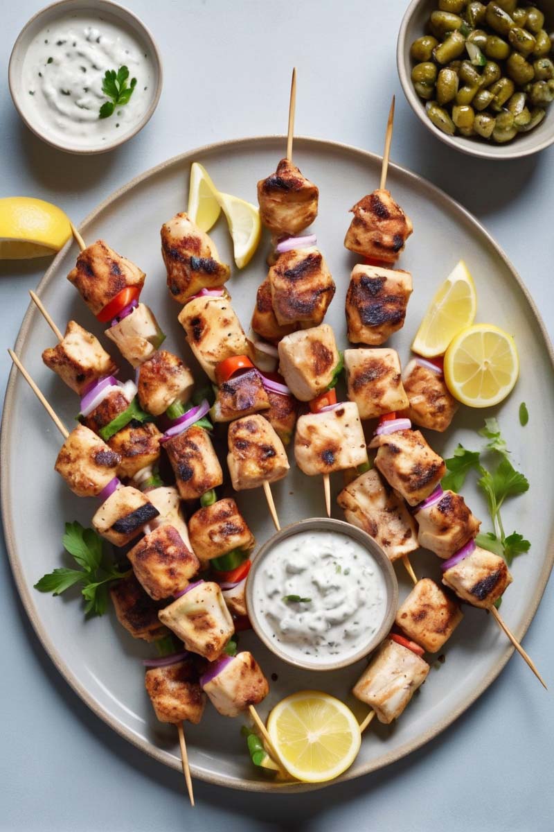 Cooked chicken souvlaki served with tzatziki and pita bread