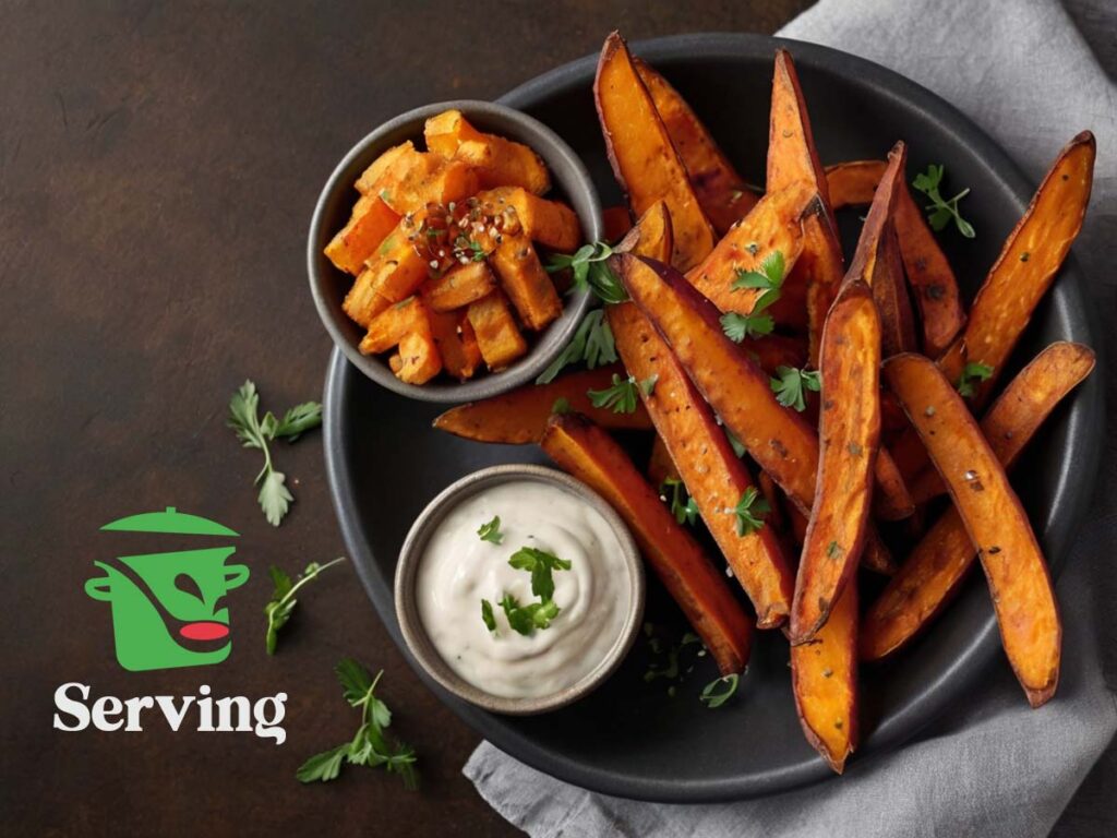 Serving Air Fried Sweet Potato Fries with Garnish