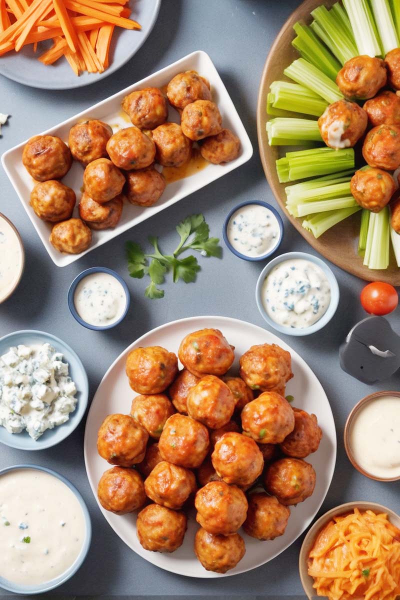Serving Air Fryer Buffalo Chicken Meatballs with Dips