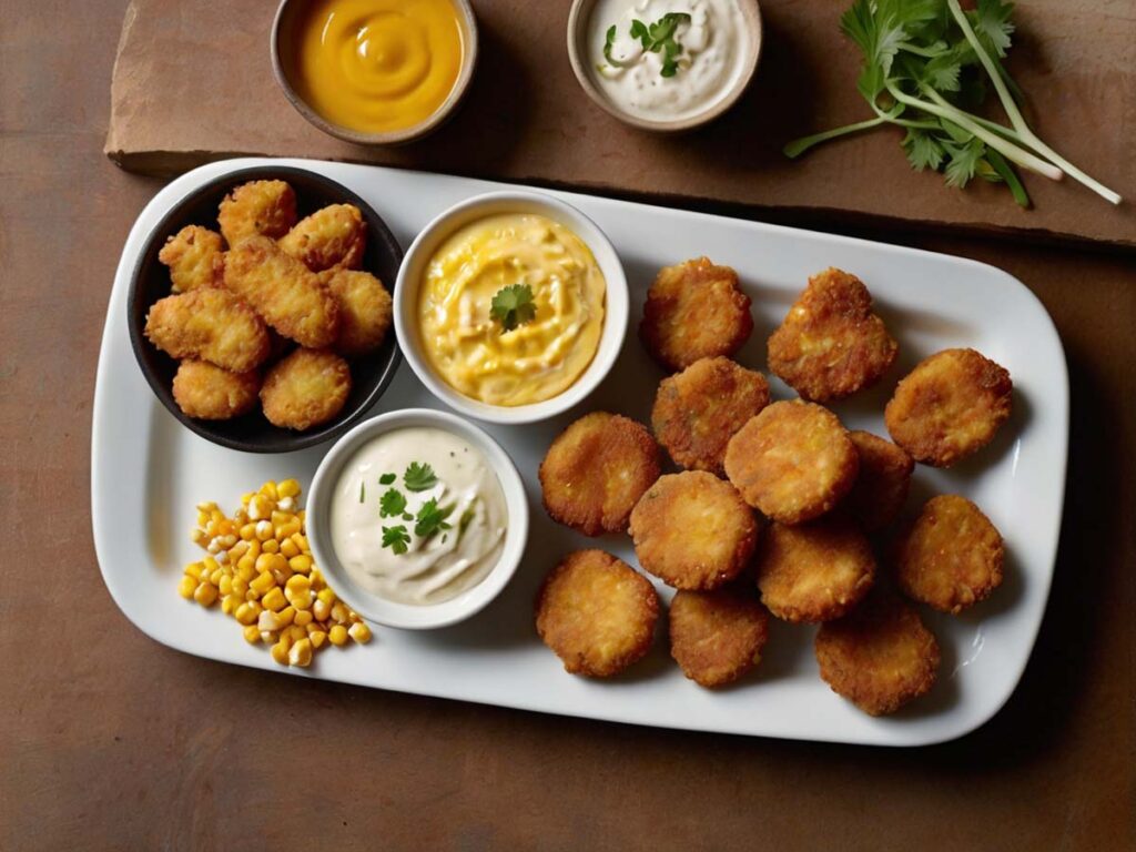 Serving Air Fryer Corn Nuggets with Dipping Sauces and Garnish