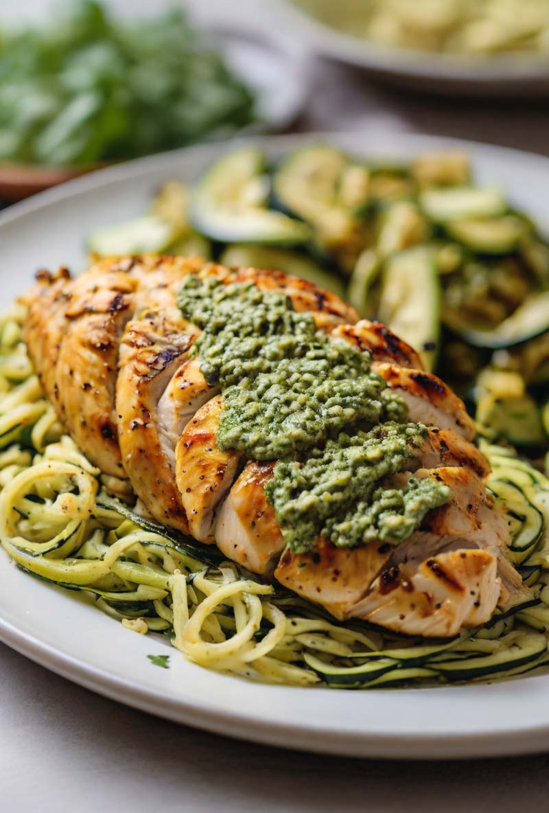 Serving Air Fryer Pesto Chicken Breast with Zucchini Noodles and Salad