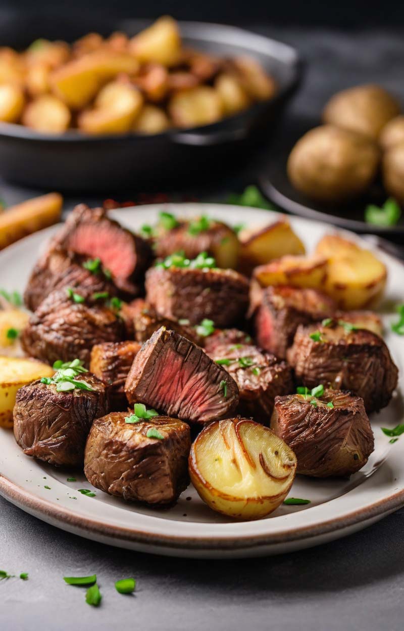 Serving Air Fryer Steak Bites and Potatoes on a Plate