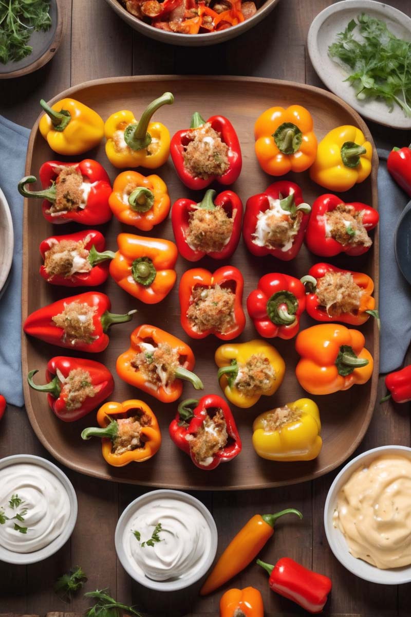 Serving air fryer stuffed mini peppers on platter