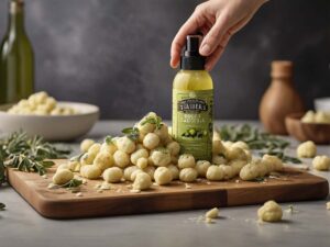 Spraying Olive Oil on Trader Joe's Cauliflower Gnocchi