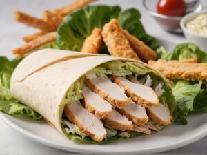 Adding chicken and salad to tortilla for Caesar wrap