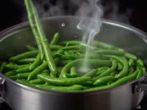 Blanching green beans in boiling water