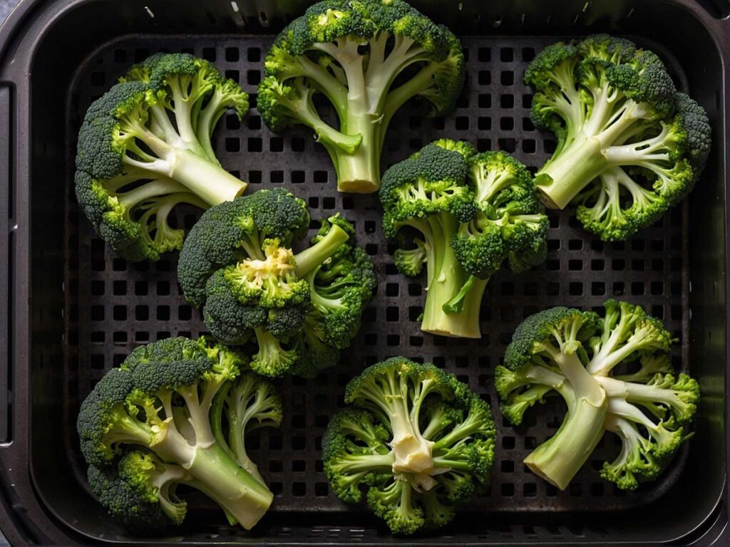 Broccoli florets arranged in air fryer basket for even cooking