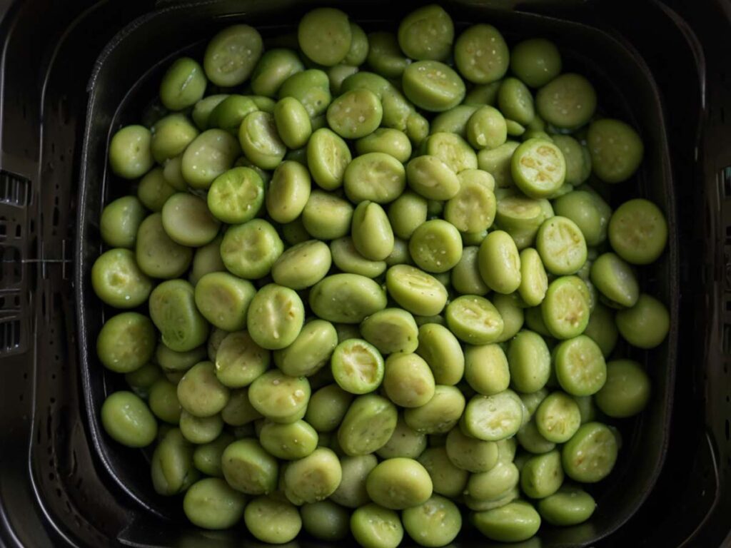 Edamame Spread in Air Fryer Basket Ready to Cook